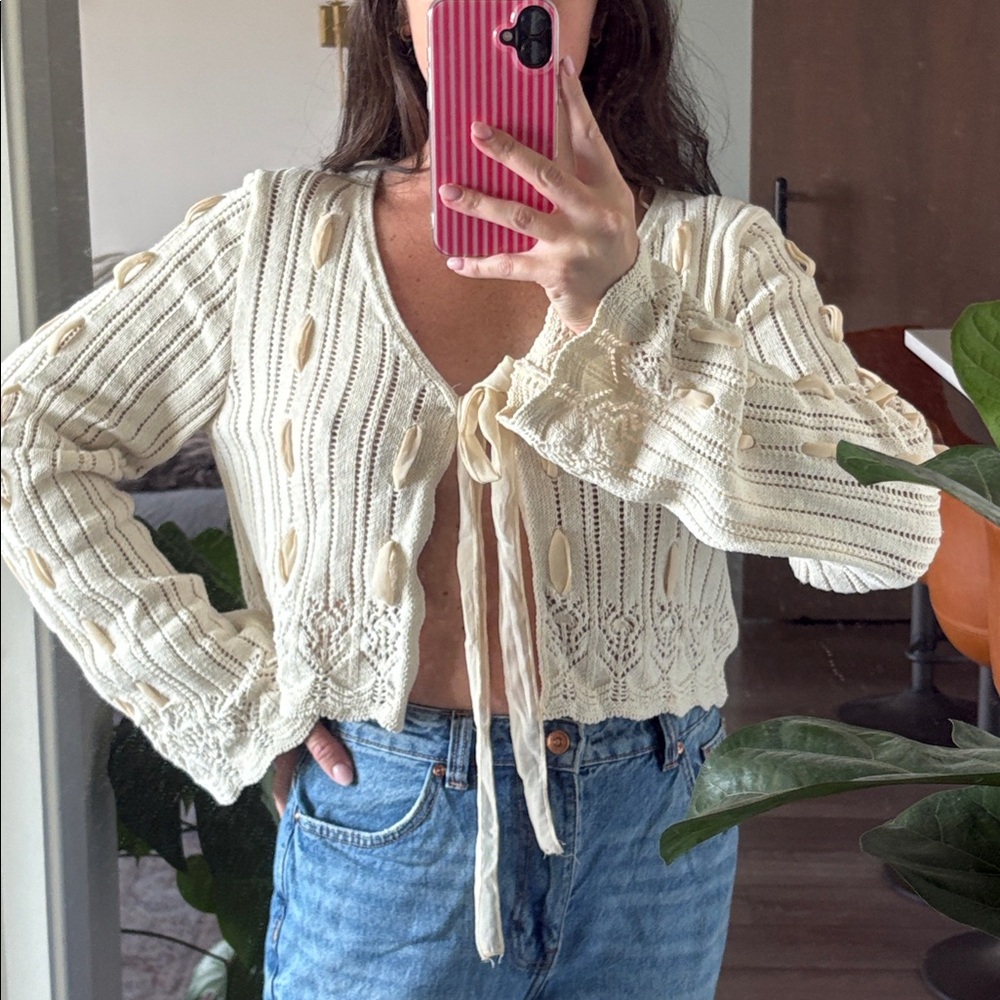 Zara Front Tie Cream Knit Sweater